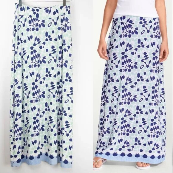 Tommy Bahama Maxi Skirt Stretch Border Tile Pattern Blue Green White Size XS New - Picture 1 of 6